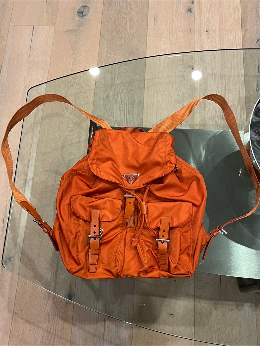 Prada Orange Nylon Drawstring Backpack with Front Buckle Pockets